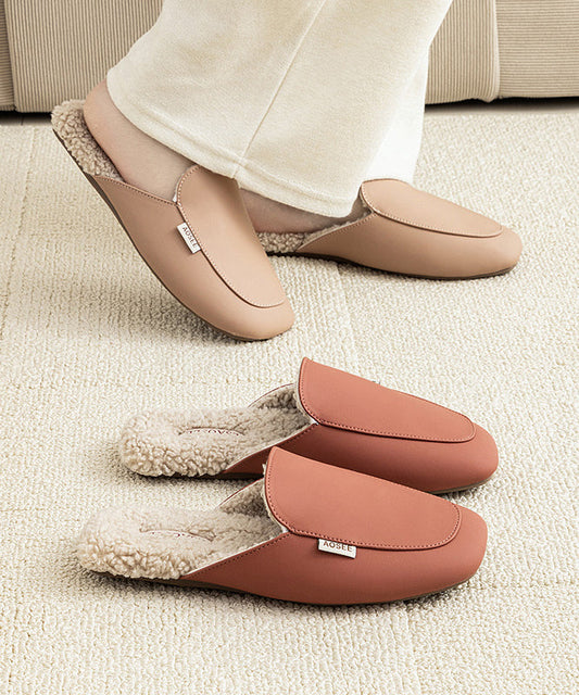 Brick Red Faux Leather Slippers Shoes Fuzzy Wool Lined