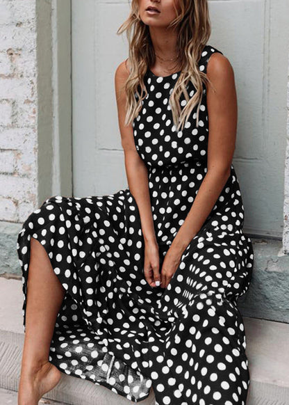 Coffee O Neck Dot Print Cotton Dresses Sleeveless
