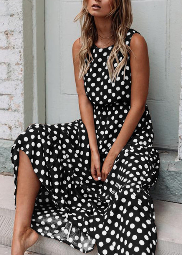 Coffee O Neck Dot Print Cotton Dresses Sleeveless