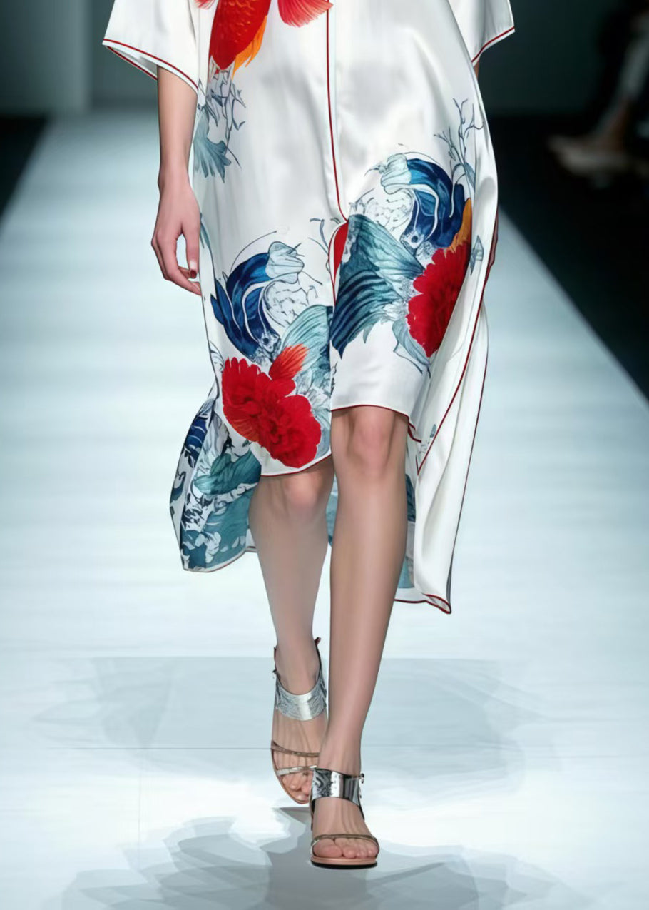 White Print Low High Design Silk Dresses Summer