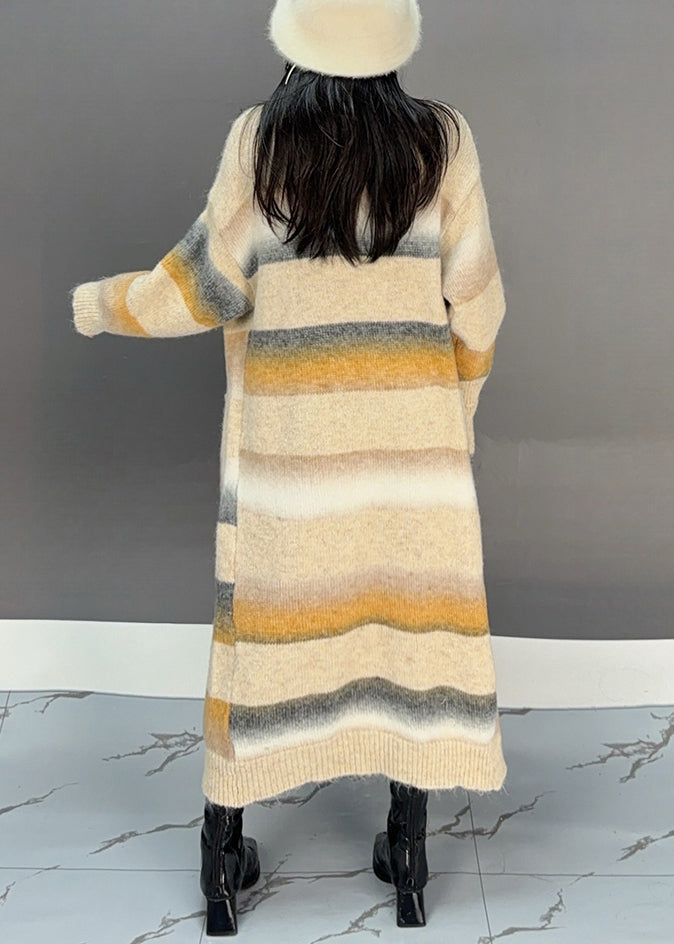 Yellow Striped Pockets Knit Long Cardigan Winter