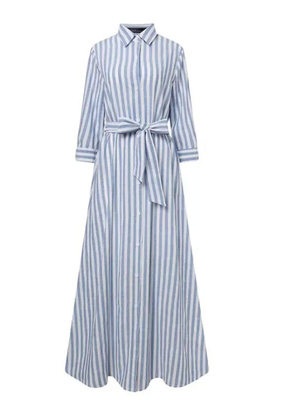 Blue Striped Tie Waist Cotton Shirt Dress Summer