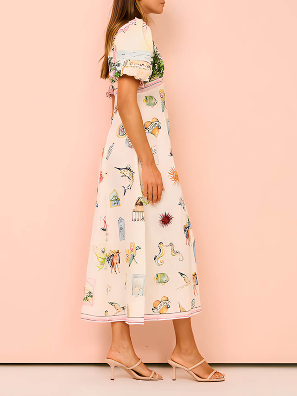 Feature Printed Style Round Neck Midi Dress