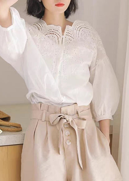 Unique White Hollow Out Shirts Puff Sleeve