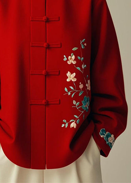 Red Stand Collar Print Cotton Coats Fall