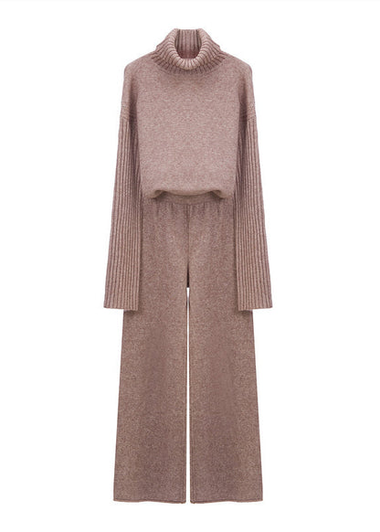 Apricot Hign Neck Sweaters and Pants Knit Two Piece Suit Set Winter
