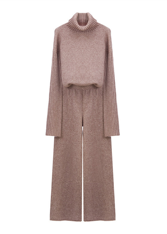 Apricot Hign Neck Sweaters and Pants Knit Two Piece Suit Set Winter