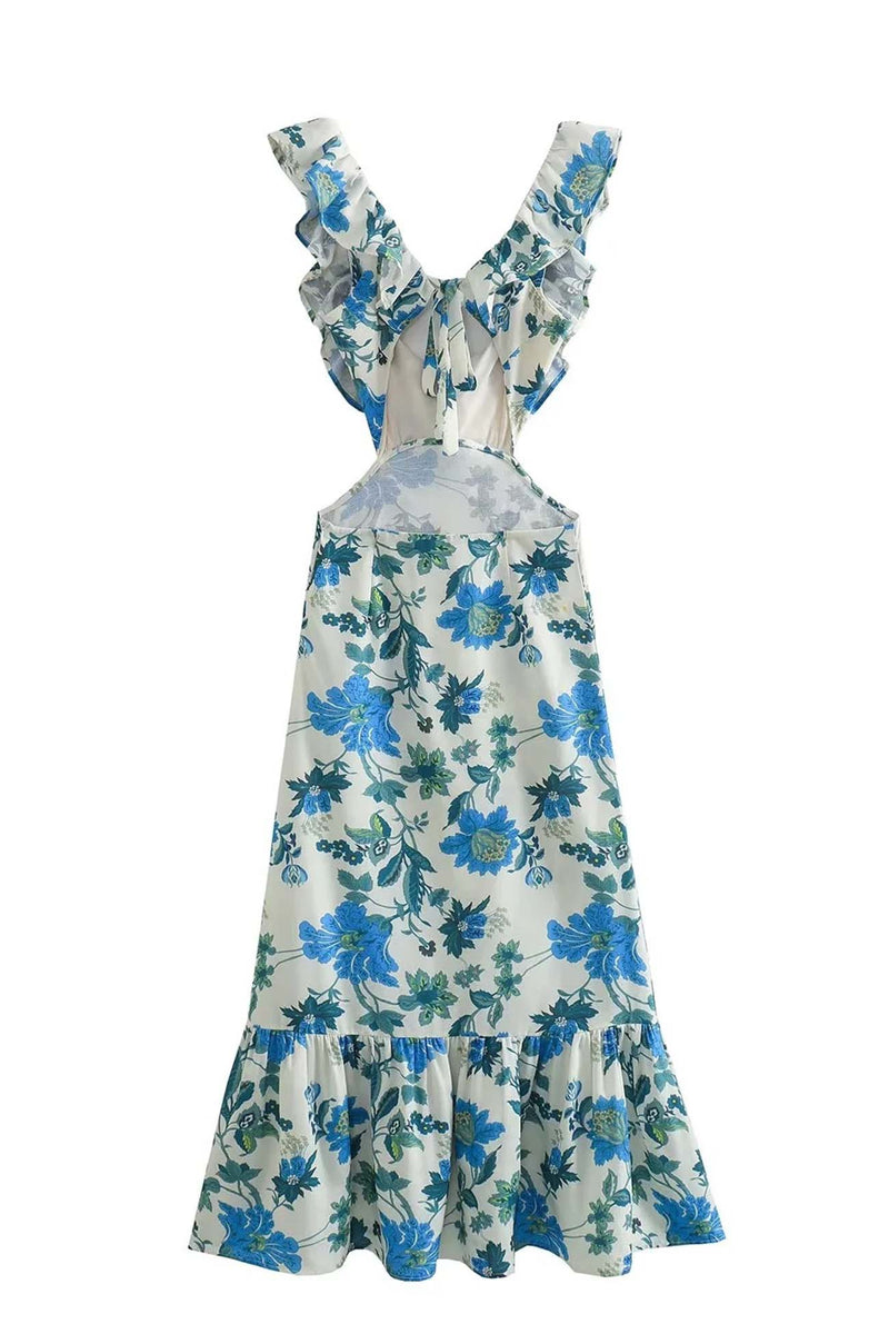 Ruffled Cutout Printed Lace Up Dress