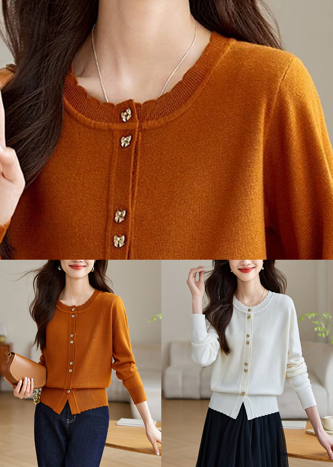 White Button Wool Knit Fall Coats O Neck