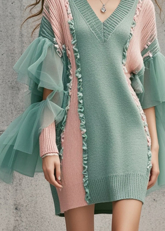 Diy Green Ruffled Patchwork Tulle Long Sweater Fall