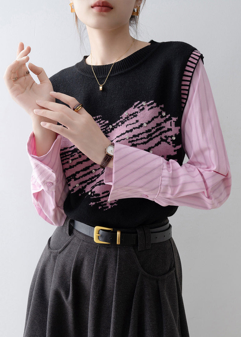 New Fake Two Pieces Set Knit Patchwork Pink Shirts Spring