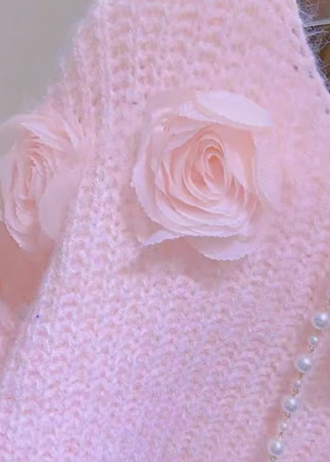 French Pink O Neck Decorated Knit Pullover Spring