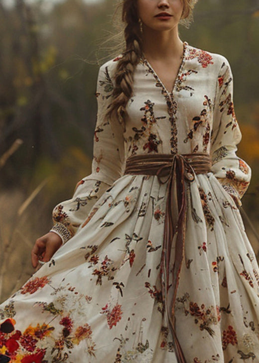 Beige Print Exra Large Hem Cotton Dress Fall
