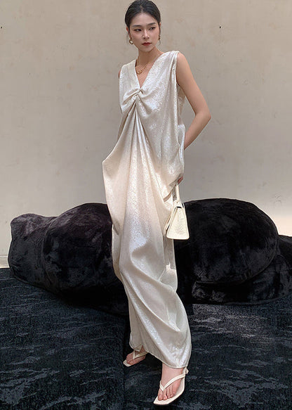 Silvery White V Neck Silk Maxi Dresses Sleeveless