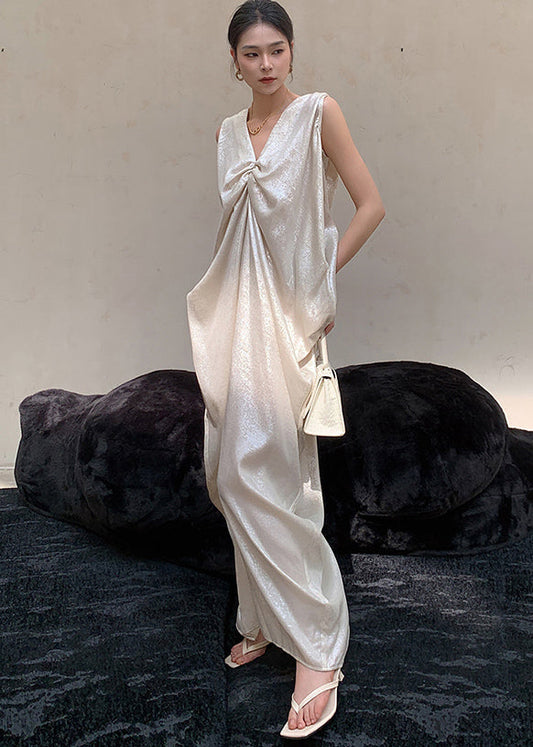 Silvery White V Neck Silk Maxi Dresses Sleeveless