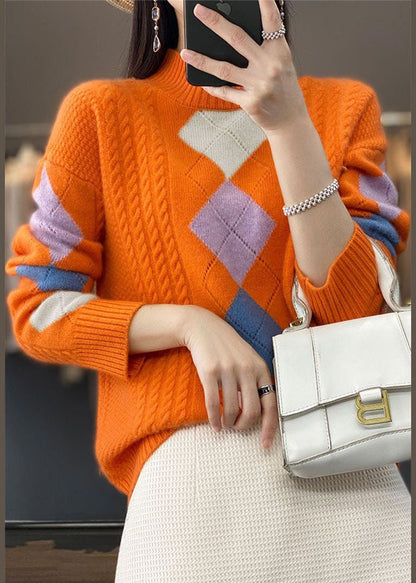 Orange High Neck Print Chunky Knit Sweater Tops Winter