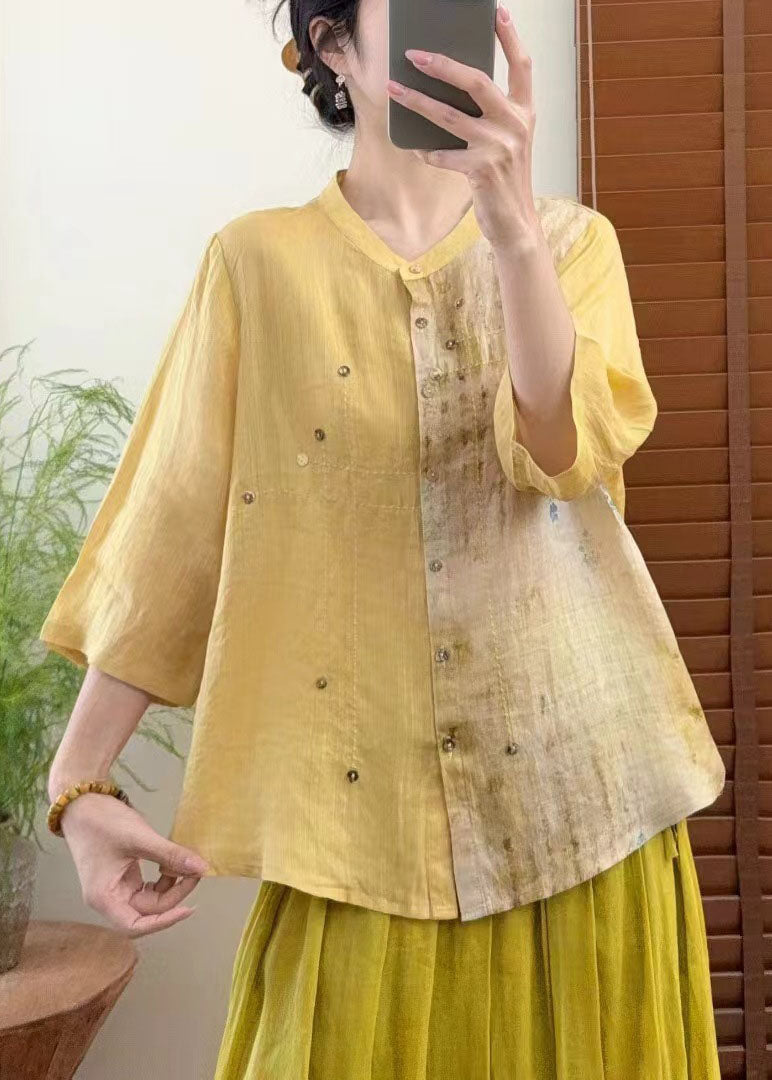 Red Stand Collar Tie Dye Patchwork Linen Shirt Bracelet Sleeve