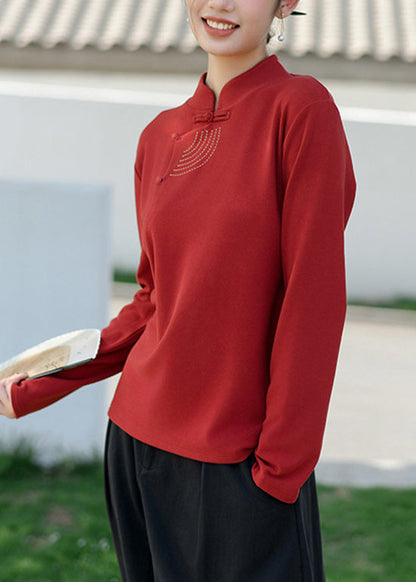 Red Stand Collar Embroidered Cotton Blouse Top Spring