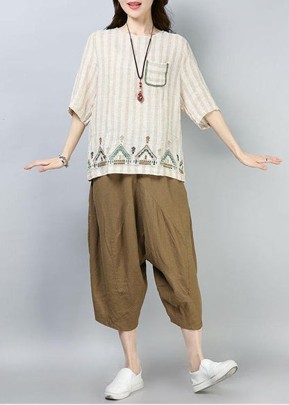 Style Linen Top Silhouette Omychic Linen Striped Short Sleeve Blouse