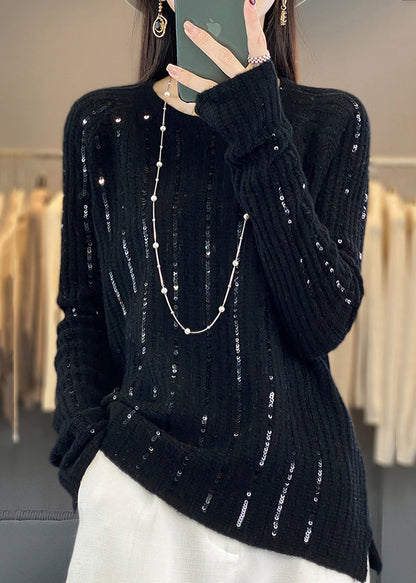 Black Sequins Patchwork Knit Short Sweater