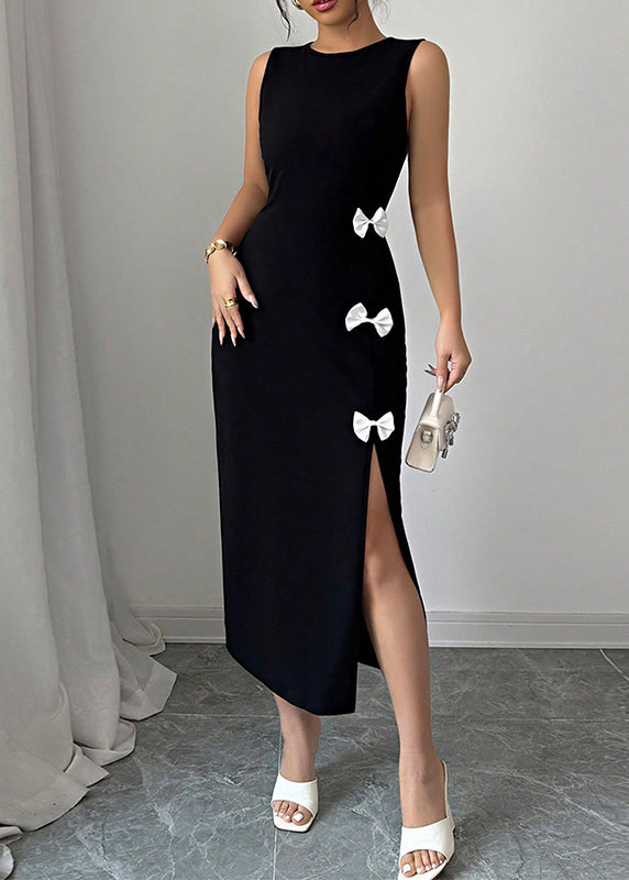 Italian Black O Neck Bow Side Open Cotton Dress Sleeveless