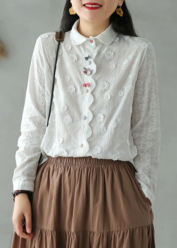 Diy White Embroidered Three-dimensional Cotton Shirt Top Long Sleeve