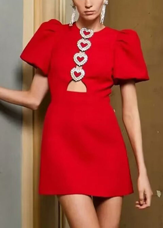 New Red O Neck Heart Decorated Cotton Short Dresses Summer