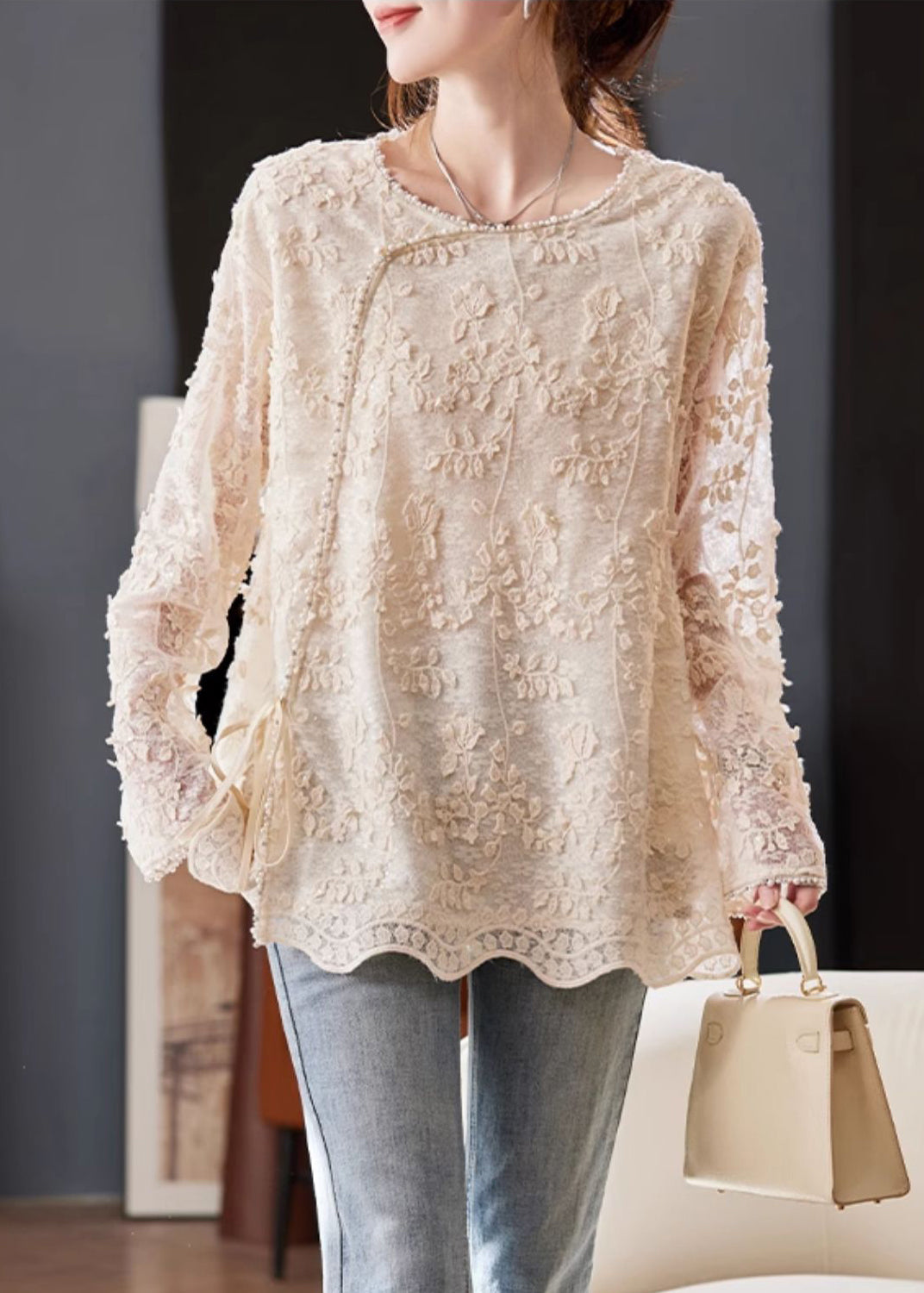 Beige Embroidered Nail Bead Lace Up Chiffon Shirt Spring