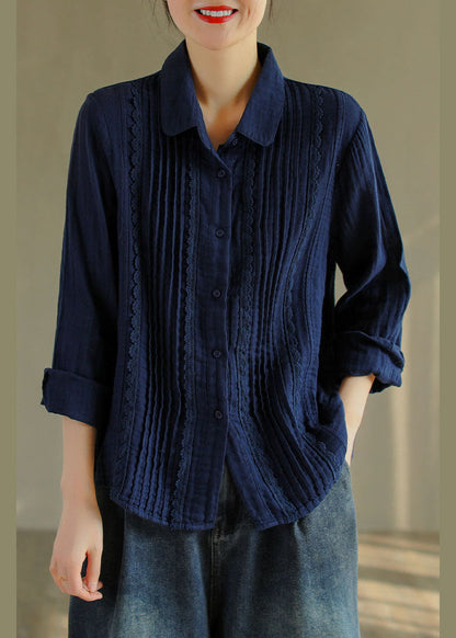 French Tibetan Blue Button Peter Pan Collar Lace Patchwork Cotton Shirt Tops Spring