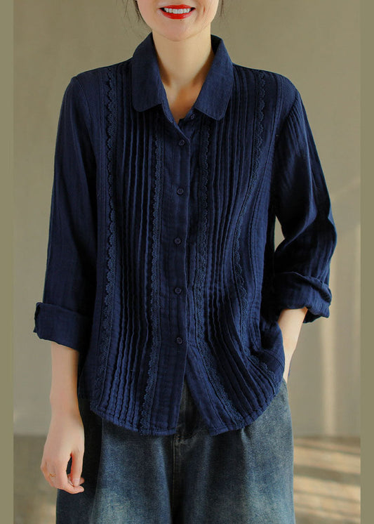 French Tibetan Blue Button Peter Pan Collar Lace Patchwork Cotton Shirt Tops Spring
