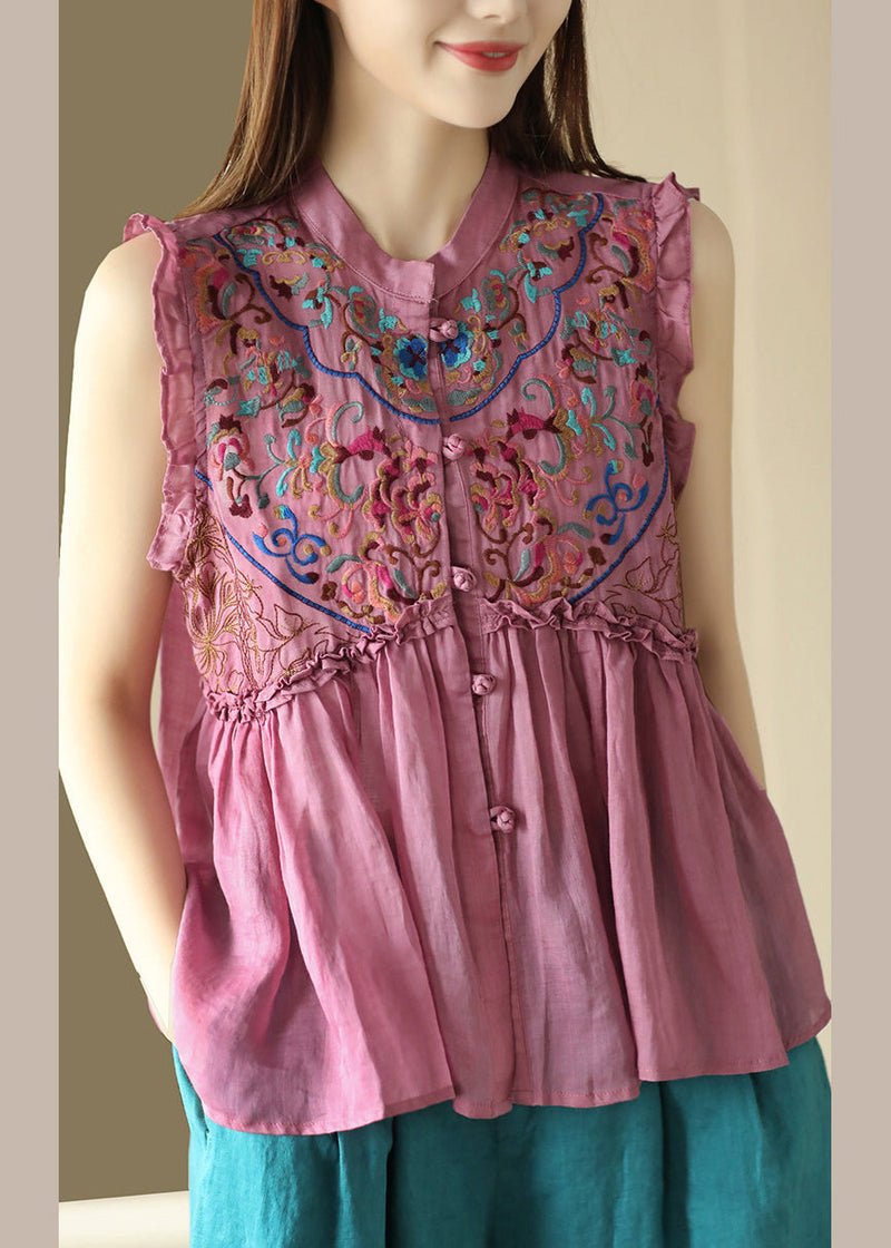 Art Pink Embroidered Ramie Shirts Sleeveless