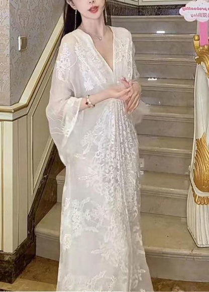 White V Neck Embroidered Cotton Maxi Dresses Batwing Sleeve