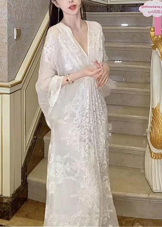 White V Neck Embroidered Cotton Maxi Dresses Batwing Sleeve
