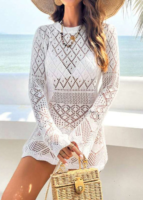 Brief White O-neck Hollow Out Holiday Knit Cover Up Swimwear