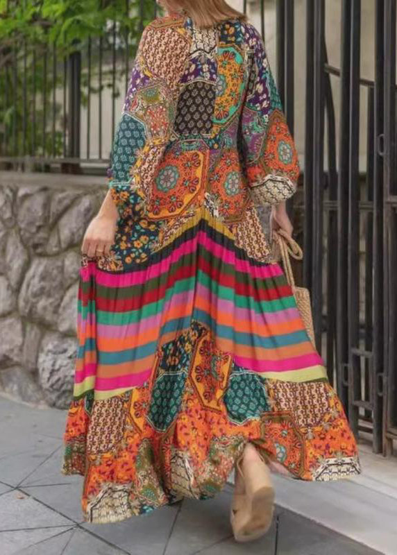 V Neck Print Wrinkled Cotton Long Dress Spring