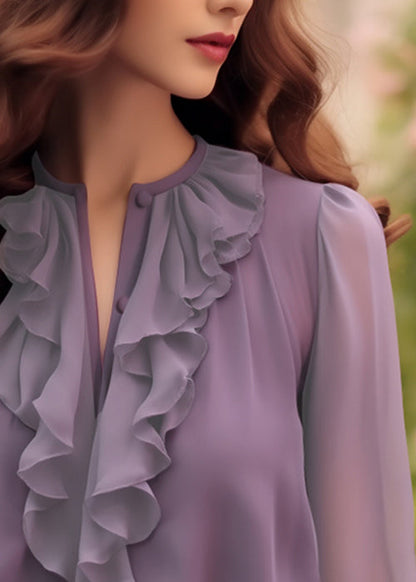 Purple Ruffled Chiffon Shirt Bracelet Sleeve