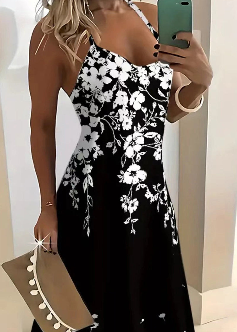 Black Print Cotton Spaghetti Strap Dress Summer