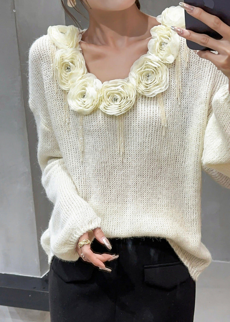 Beige V Neck Nail Bead Cozy Knit Sweater