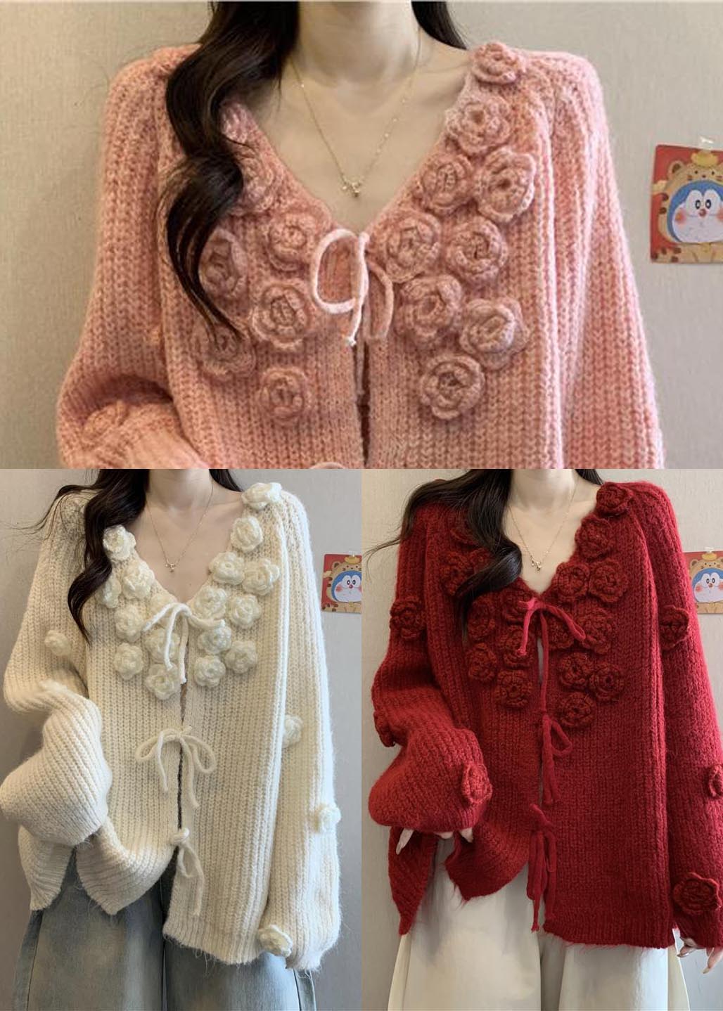 Natural Red Decorated Warm Knit Cardigans Fall