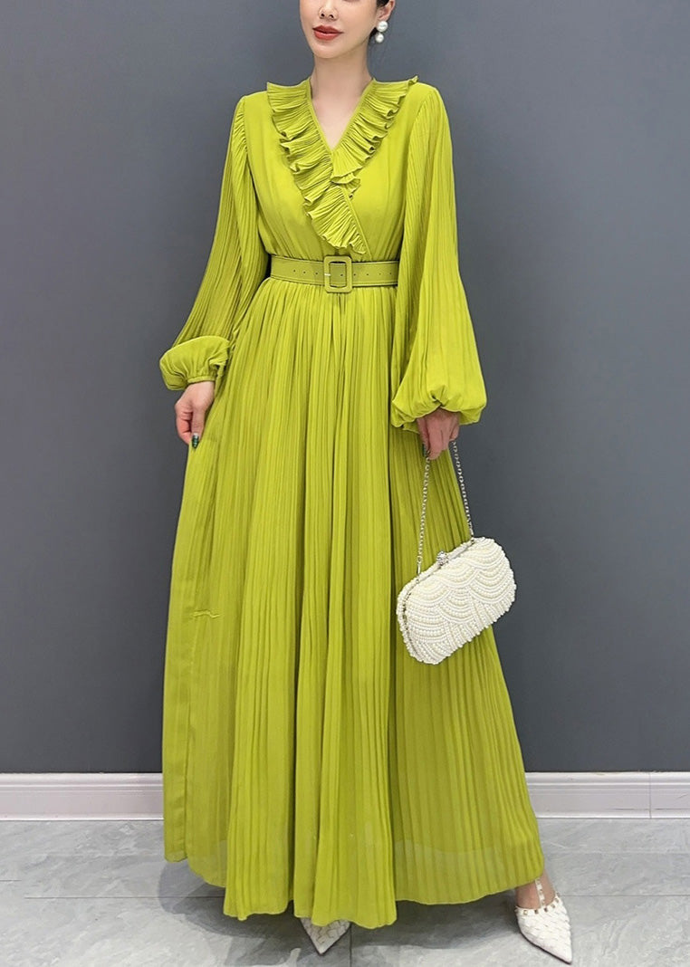 New Green V Neck Wrinkled Cotton Long Dress Fall