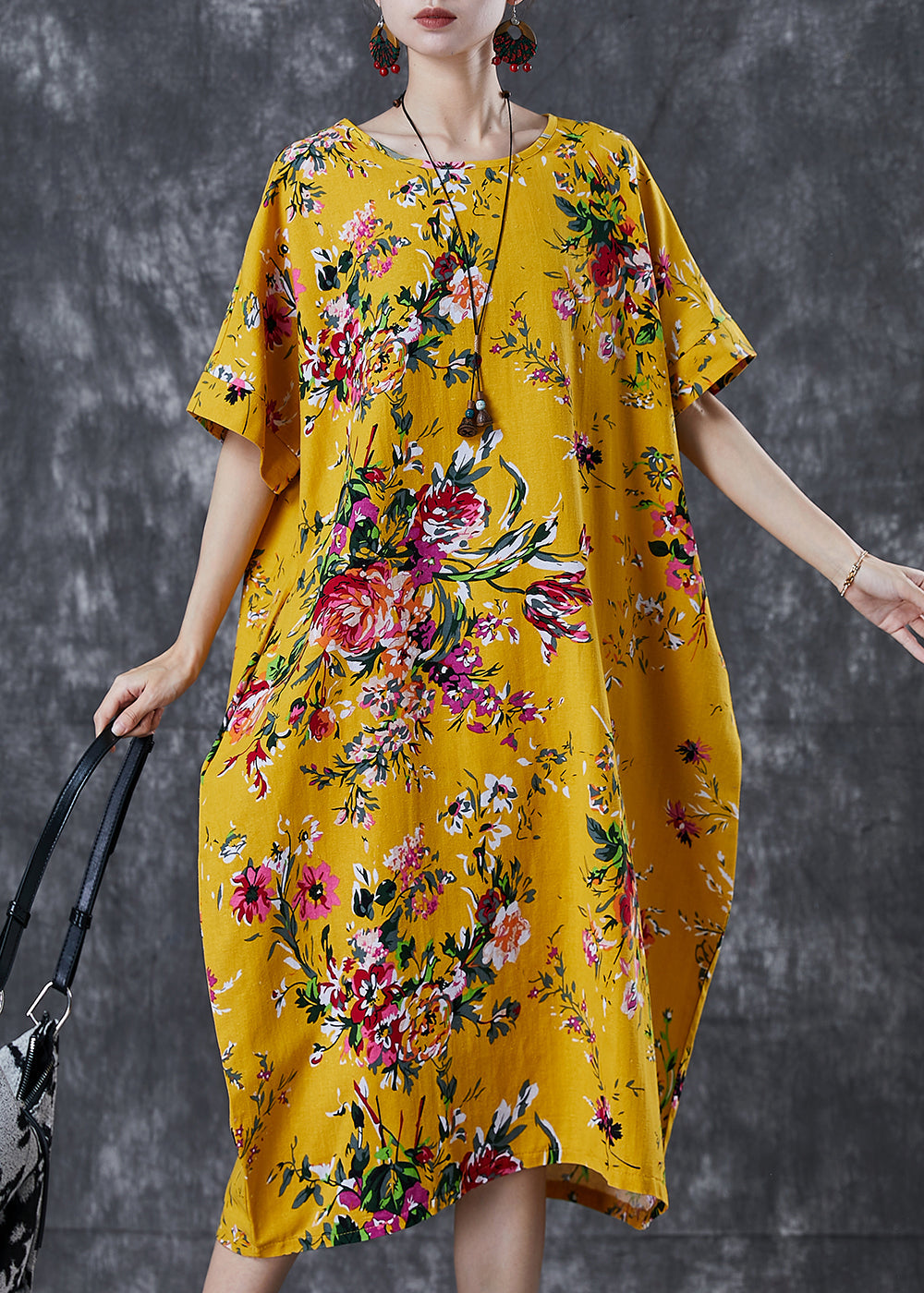 Diy Yellow Oversized Print Cotton Maxi Dresses Summer