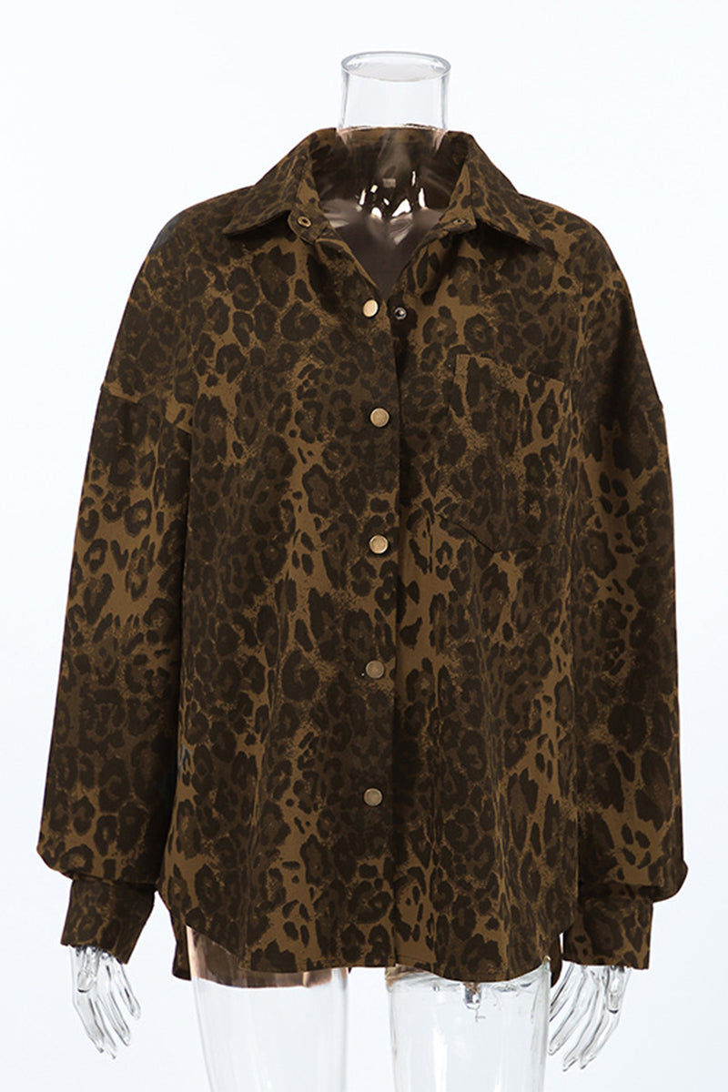 Street Leopard Print Buttons Turndown Collar Tops