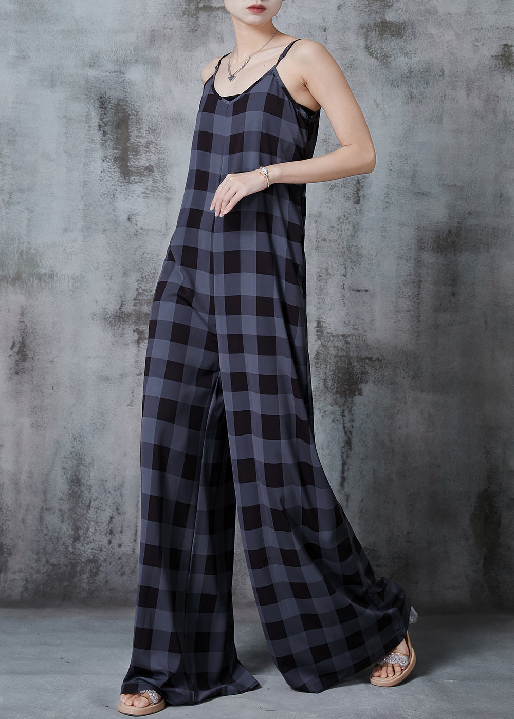 Dull Grey Oversized Plaid Chiffon Jumpsuits Summer