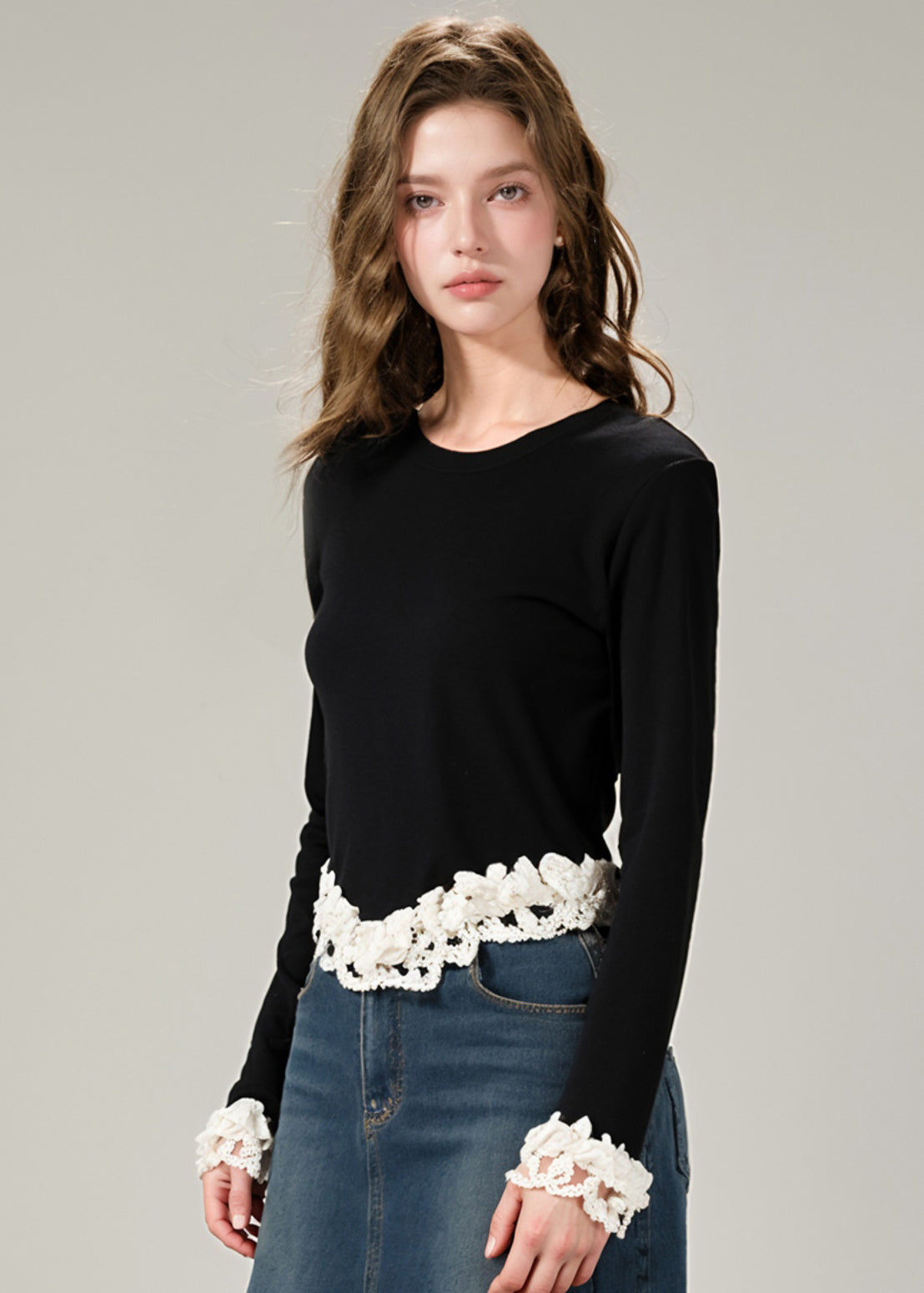 Art Black O-neck Nail Bead Patchwork Cotton Knit Sweater Winter