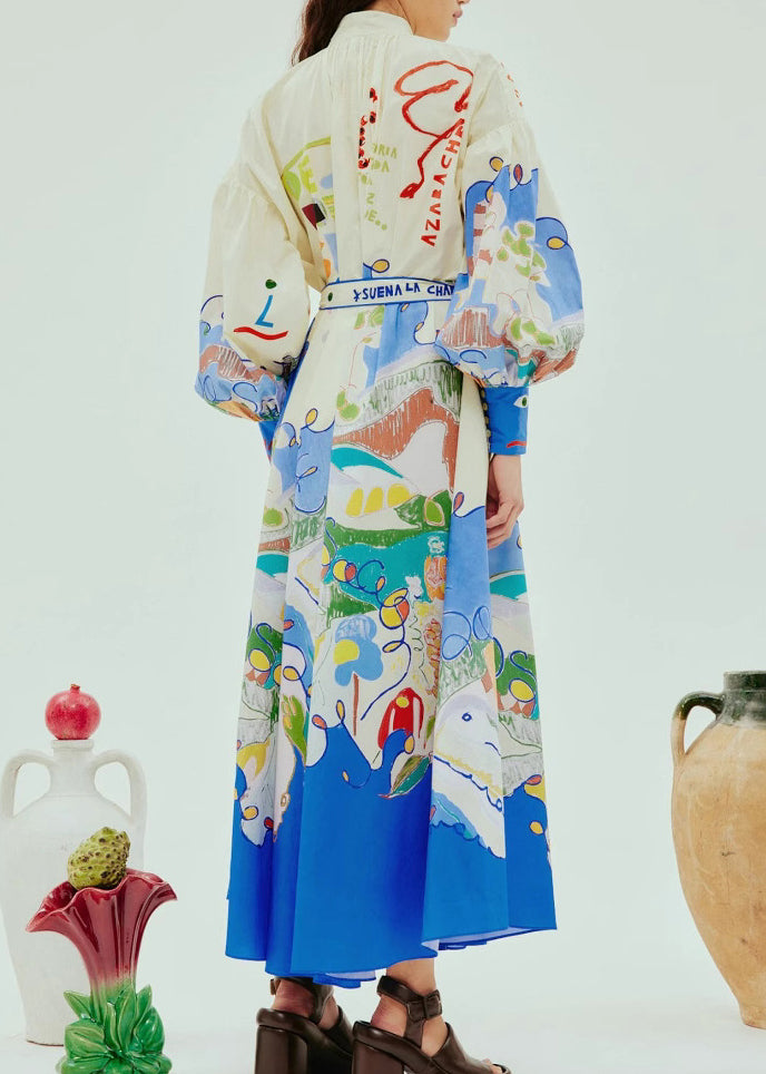 Stand Collar Print Button Long Dress Lantern Sleeve