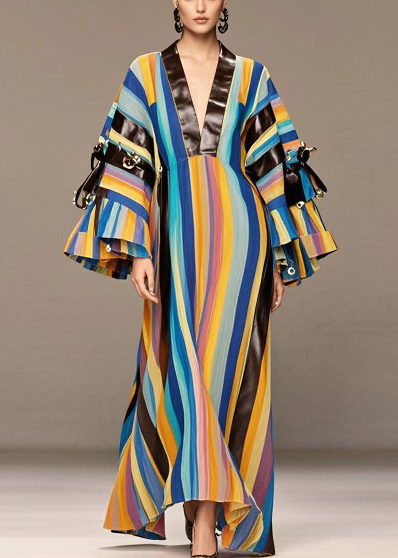 Rainbow Striped Patchwork Pu Rivet Cotton Maxi Dresses Fall