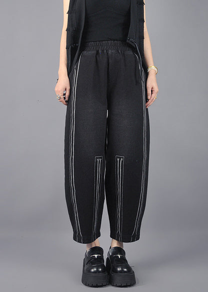 Classy Black Oversized Striped Cotton Harem Pants Spring