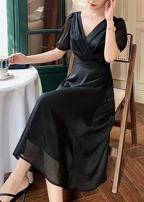 French Black V Neck Silk Long Dresses Summer