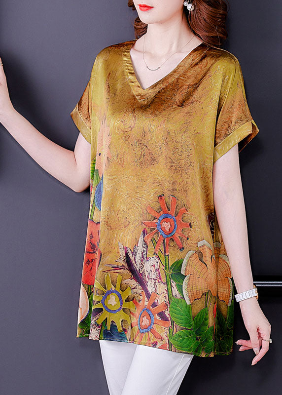 Yellow V Neck Original Design Print Side Open Silk Top Short Sleeve