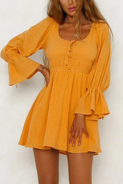 Cotton and Linen Elastic Waist Flared Sleeve Dress